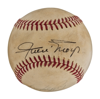 Willie Mays, Ernie Banks and Gaylord Perry Signed Baseball (PSA/DNA)